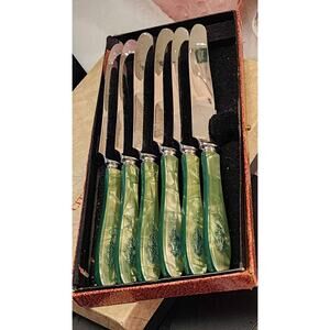 Green Gold Marbled Bakelite Flatware Knives DeLuxe Stainless Set of 6 Art Deco